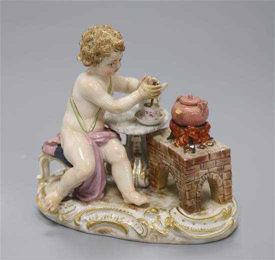 A Meissen figure of Cupid making a cup of hot chocolate, 19th century 10.6cm, slight restorations